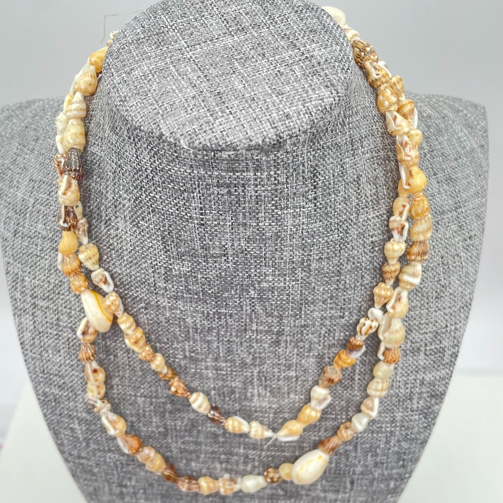 Vintage Cream Assorted Nassa Cowrie Seashells Beaded Double Stranded Necklace
